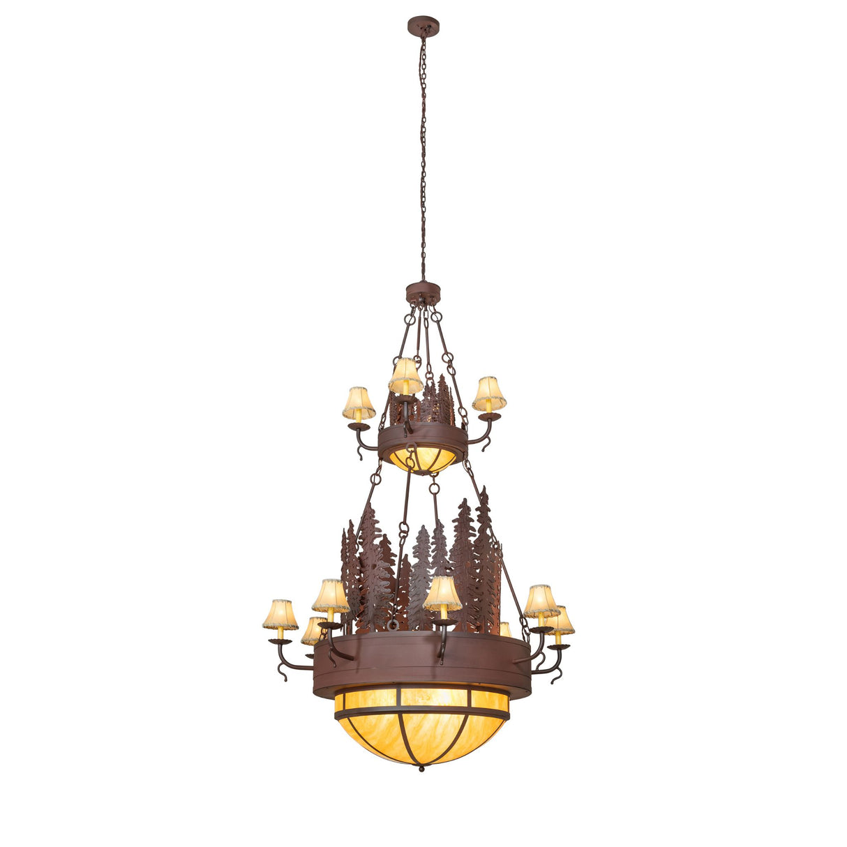 Full view of the Walden Pine 2-tier chandelier showcasing tree accents and amber dome.