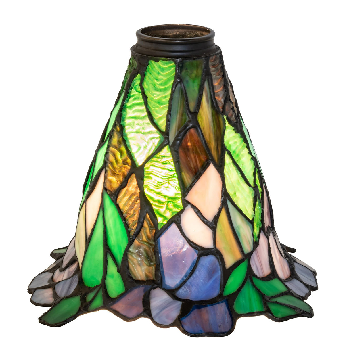 Illuminated Waterlily stained glass shade with vibrant floral tones.