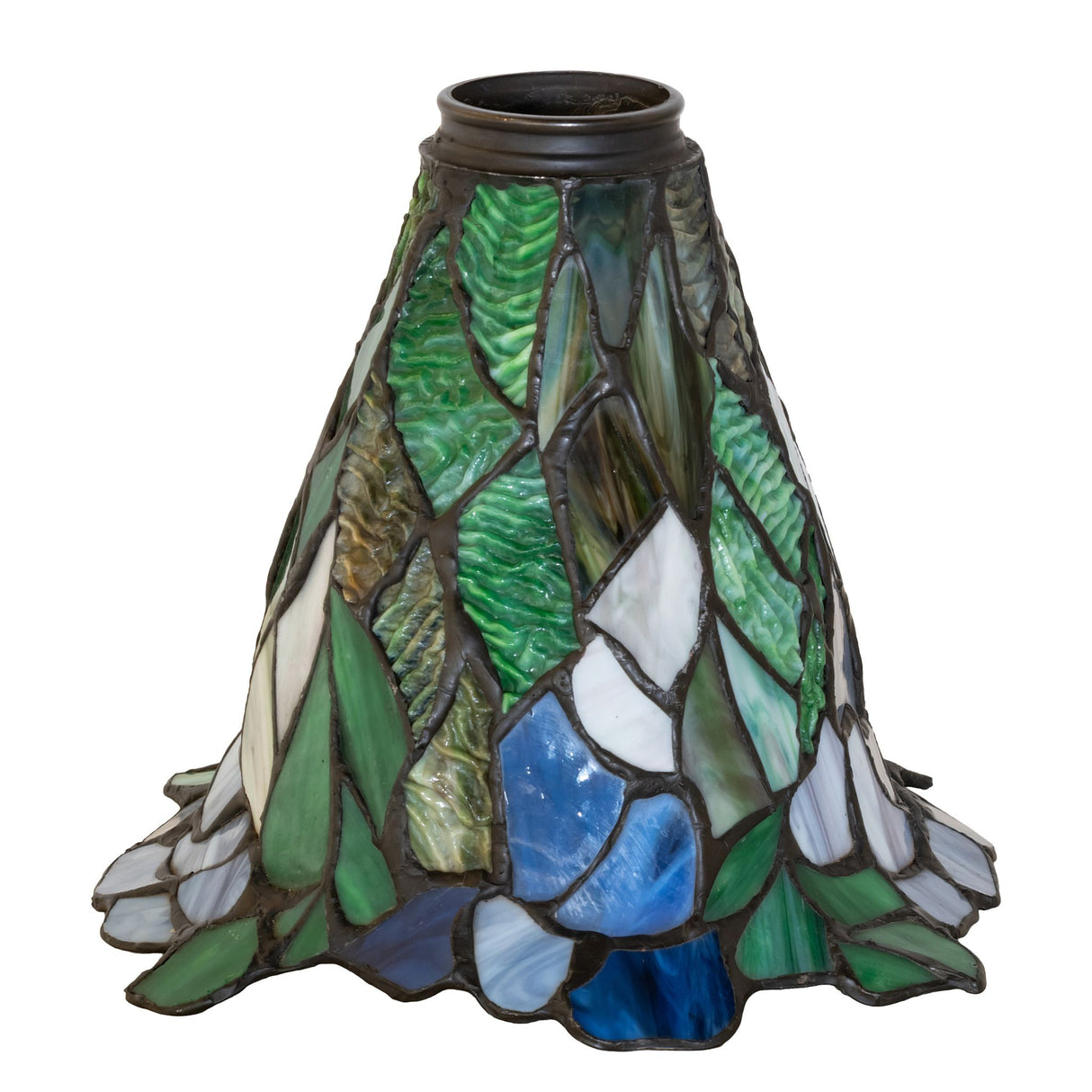 Unlit Waterlily shade showcasing intricate blue, green, and amber hues.