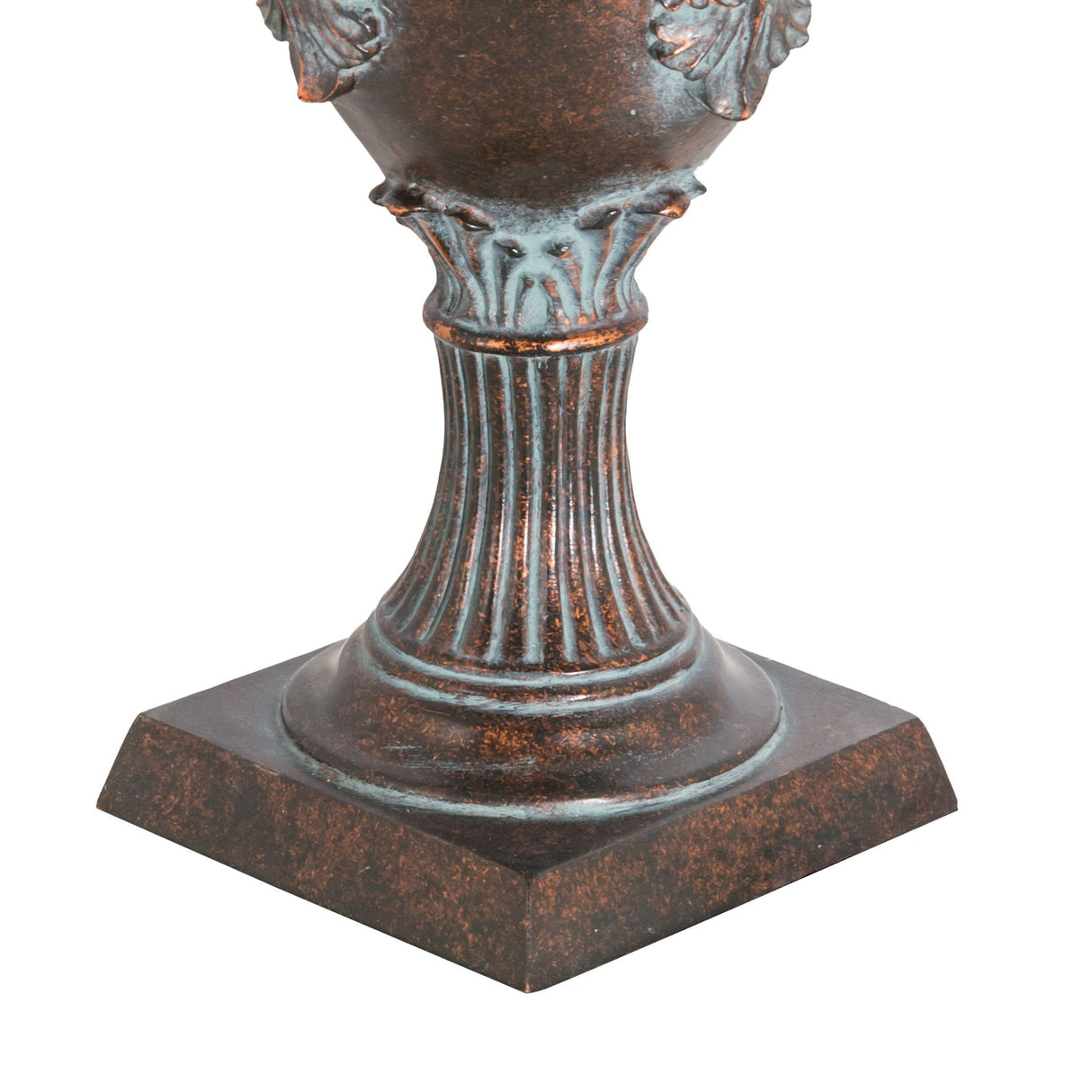 Closeup of a 23" bronze urn with a decorative base, highlighting its artistic design.