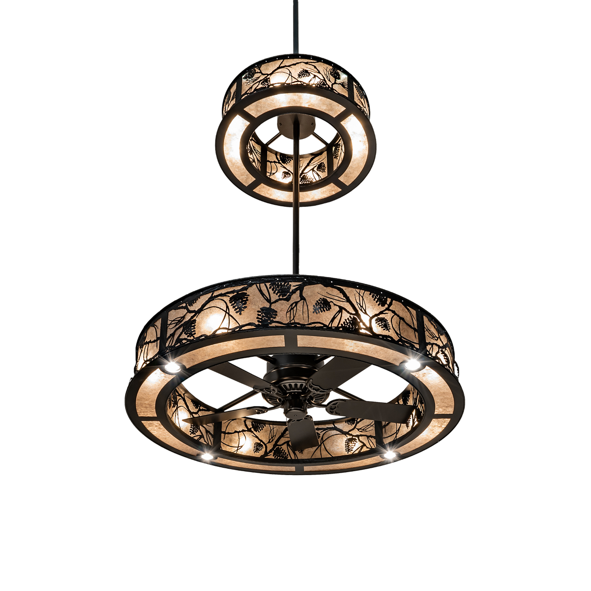 Bottom view showcasing fan blades and inner light distribution.