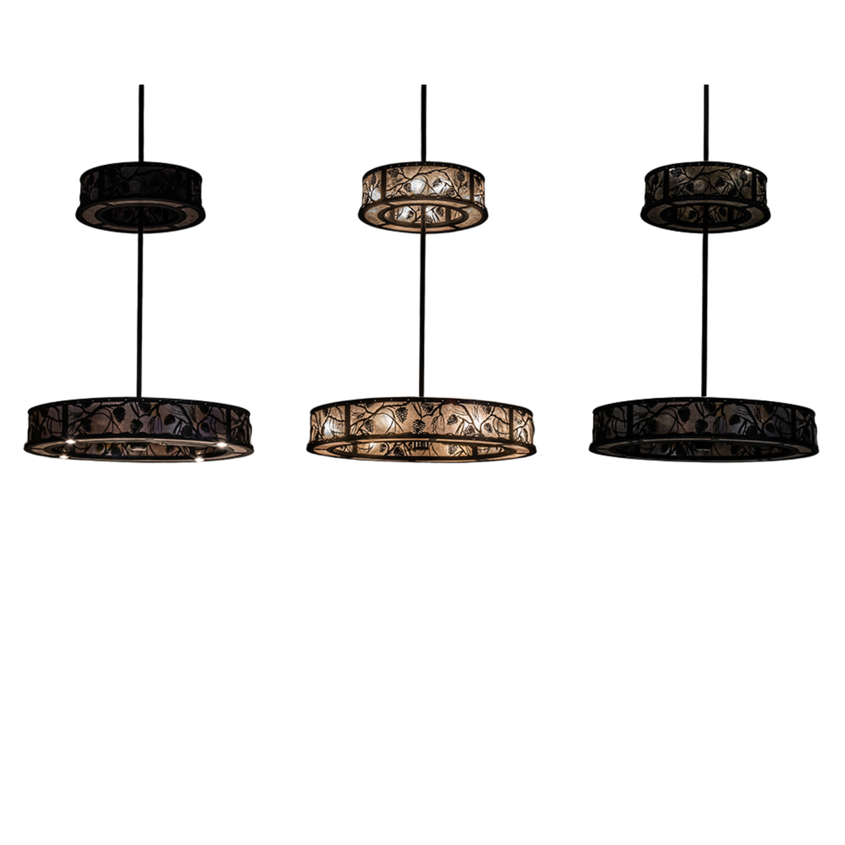 Three lighting modes view showing downlights, inner lights, and uplights illuminated.