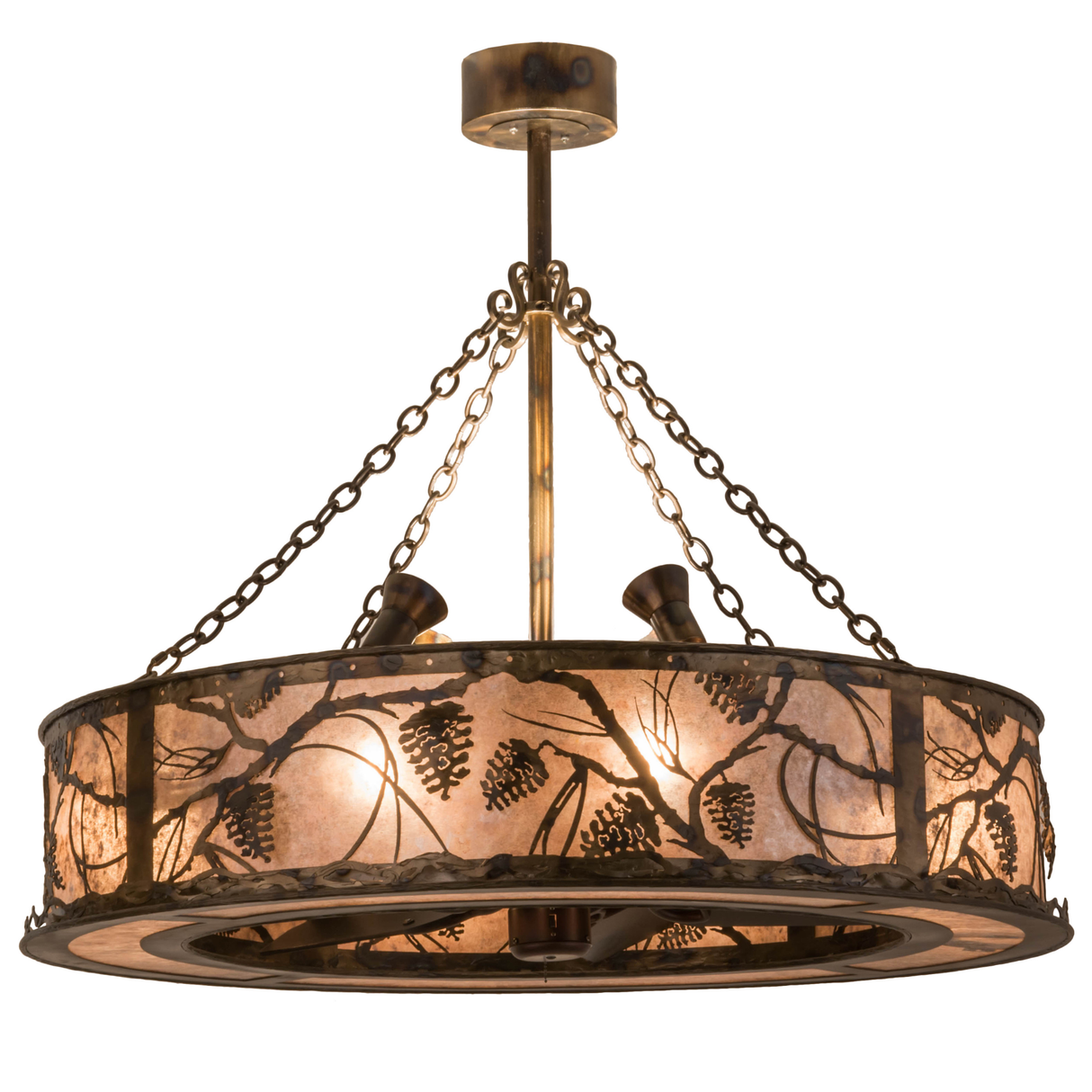 Whispering Pines chandel-air illuminated with pinecone pattern.