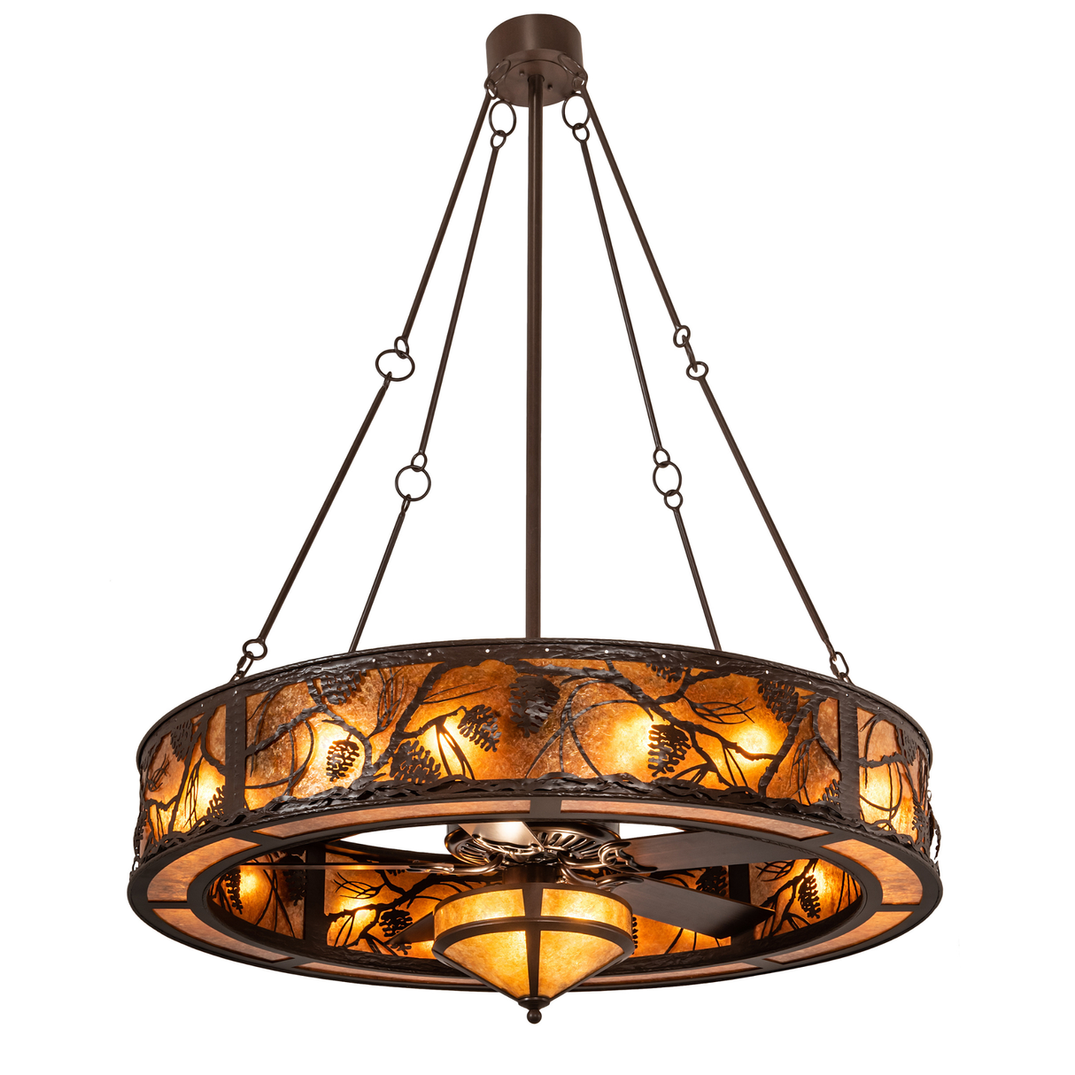 Lit angled view of Whispering Pines Chandel-Air with amber mica panels.