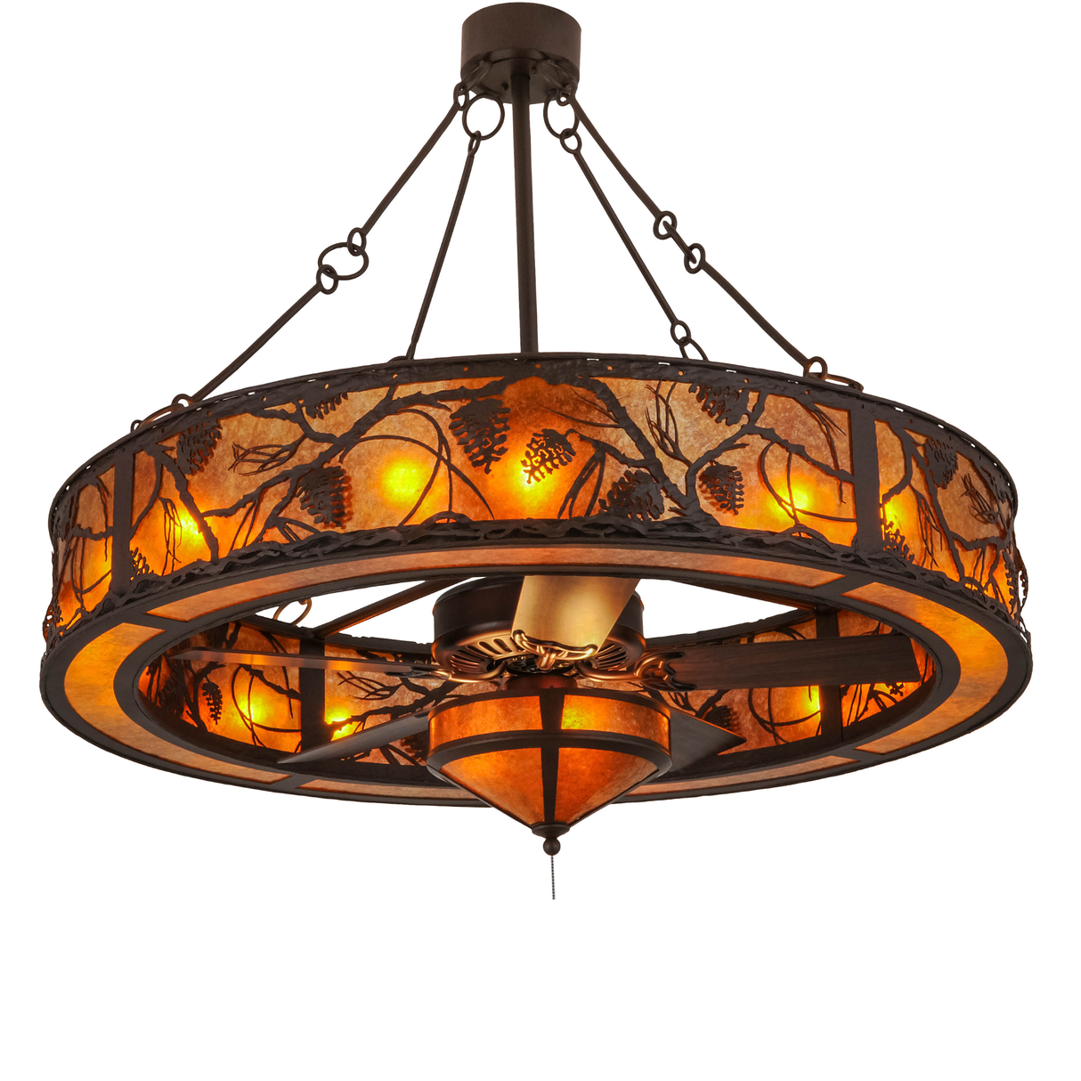 Angled lit view revealing integrated fan beneath glowing amber panels.