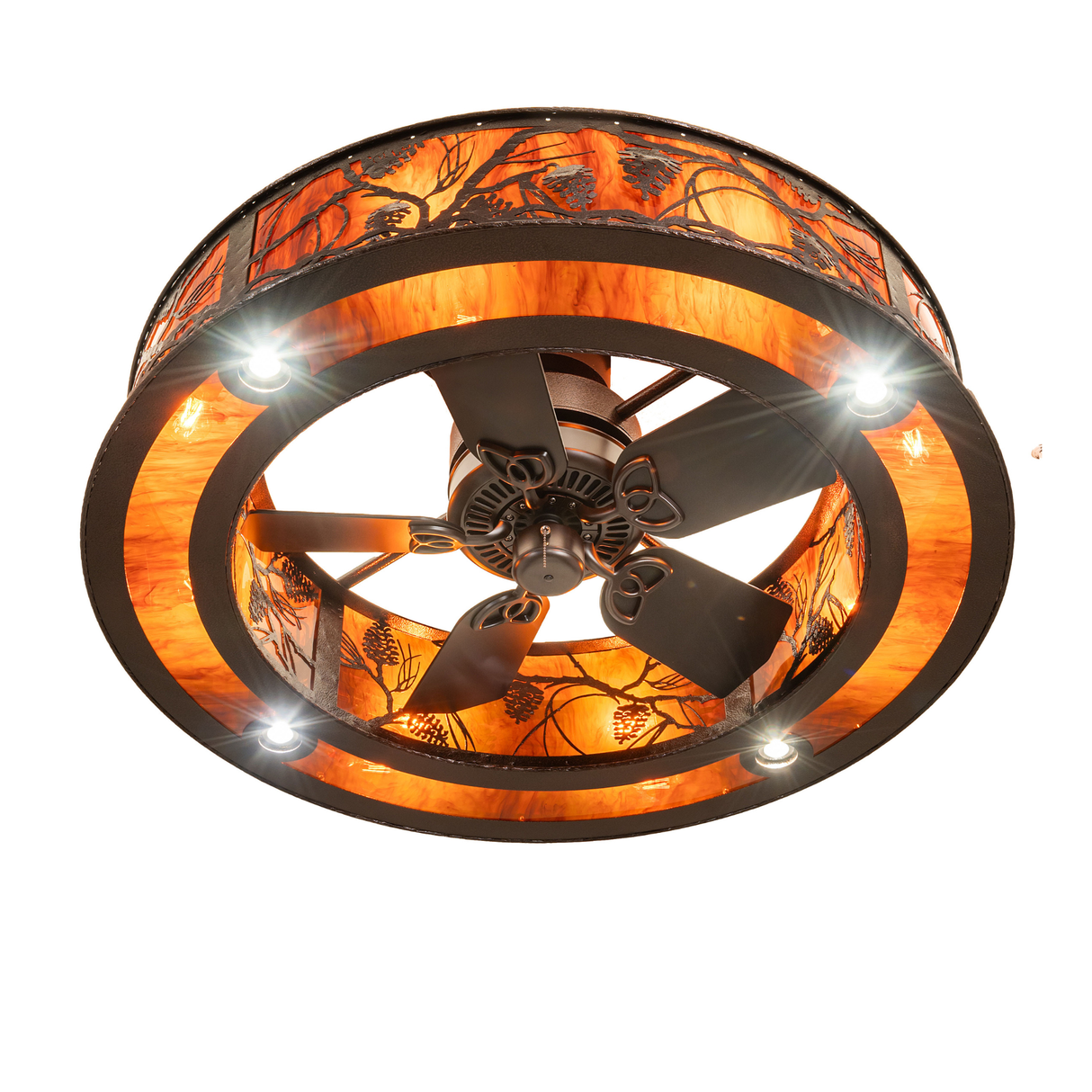Bottom angle view of Whispering Pines chandelier with fan blades visible.
