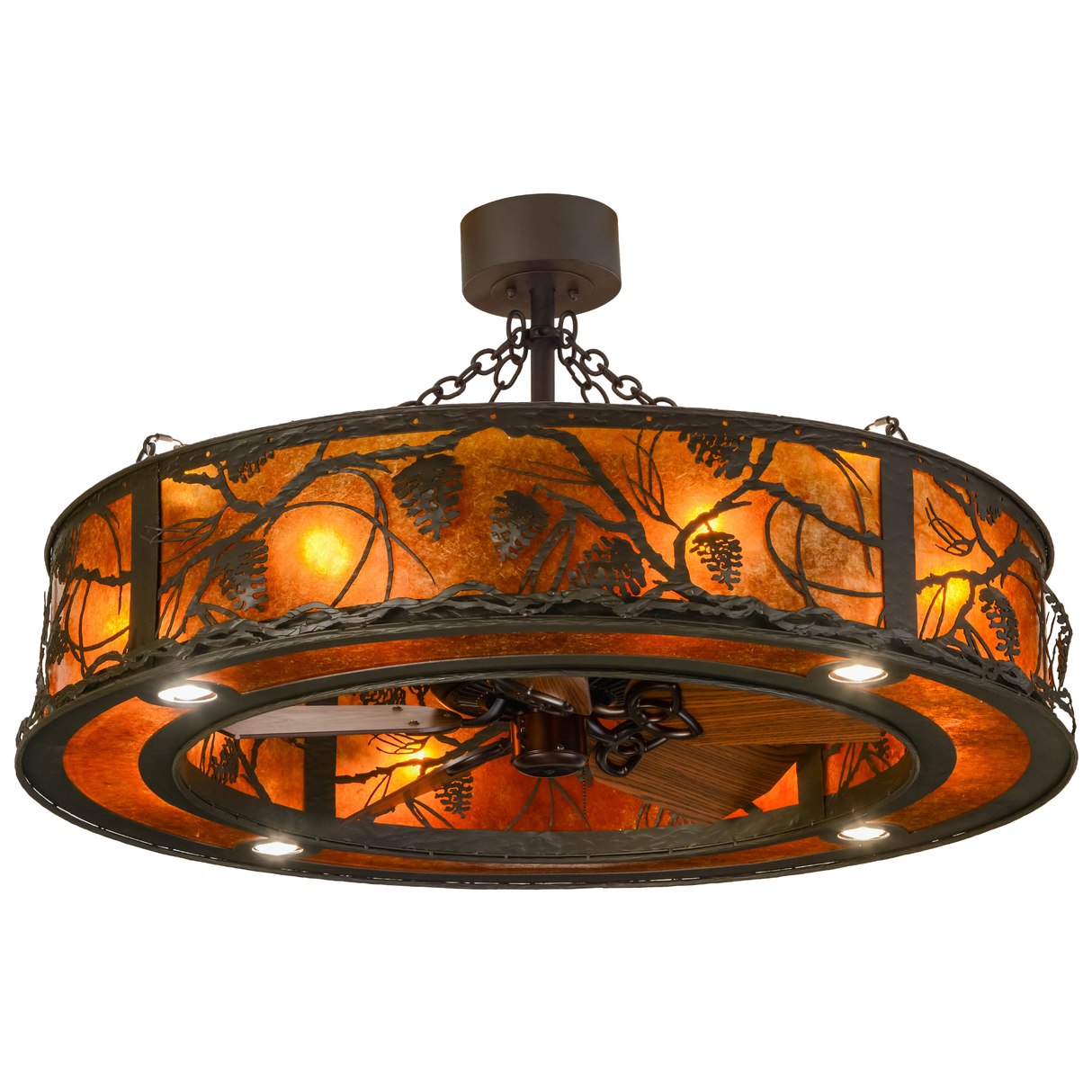 Bottom angle lit view showing fan blades and glowing amber mica shade.