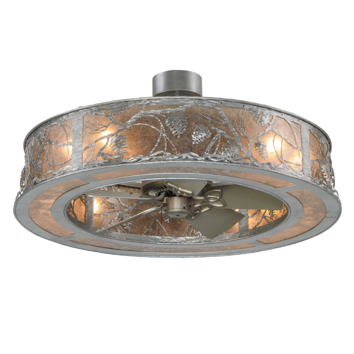 Bottom angle lit view featuring fan blades and illuminated mica ring.