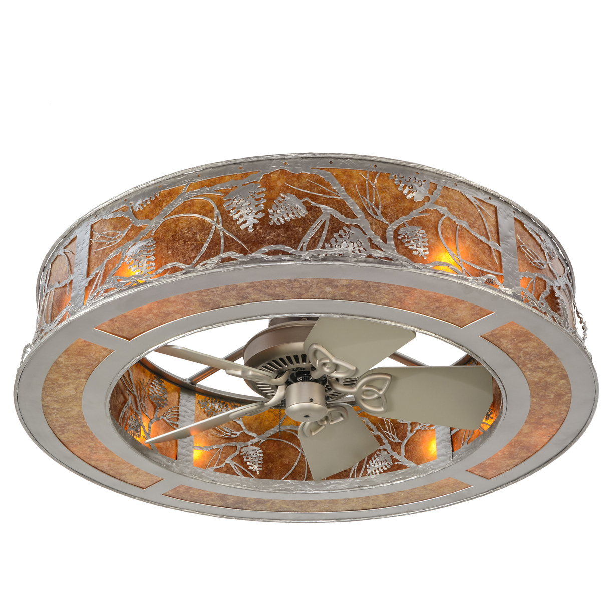 Bottom angle lit view showing integrated fan and mica glow.