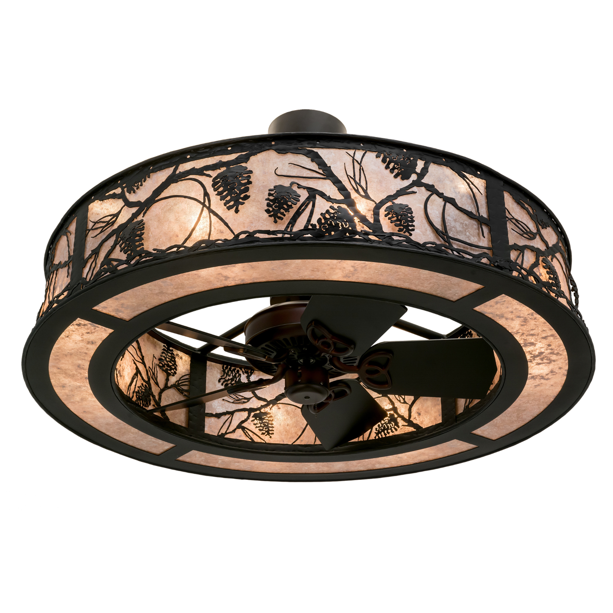 Bottom angle lit view showing integrated fan and softly illuminated mica diffuser.