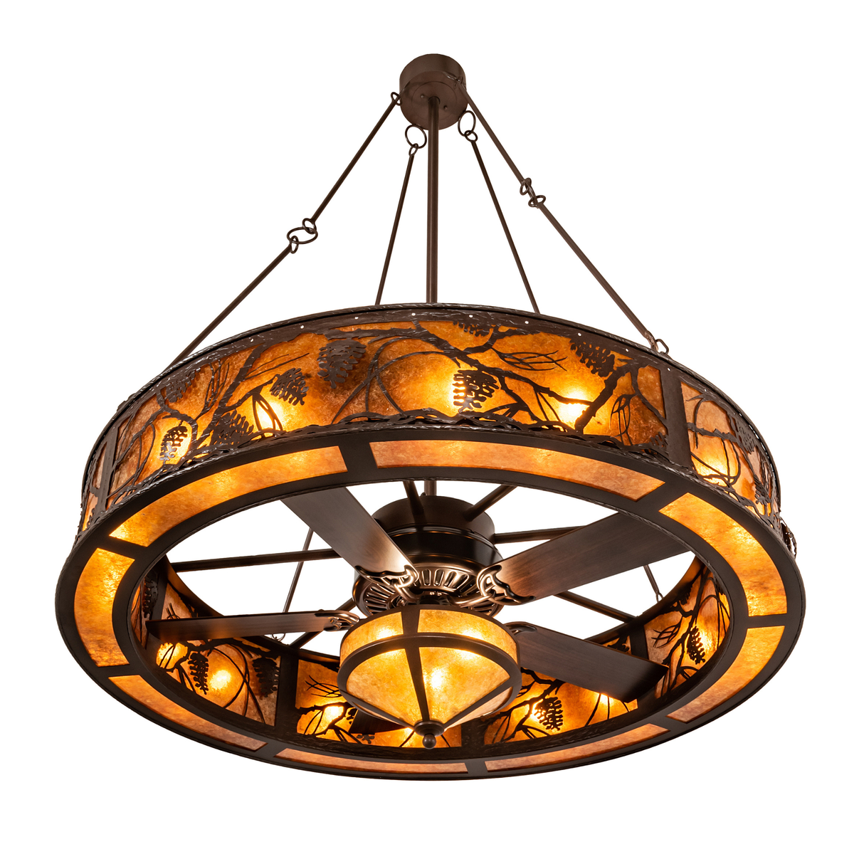 Bottom lit angle view showing integrated fan and amber diffuser.
