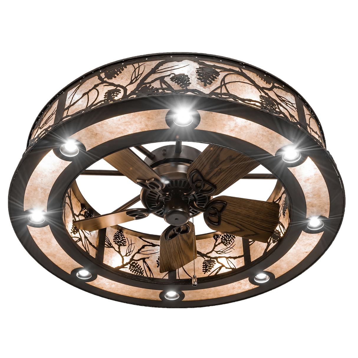 Bottom angled lit view highlighting wooden fan blades and mica illumination.