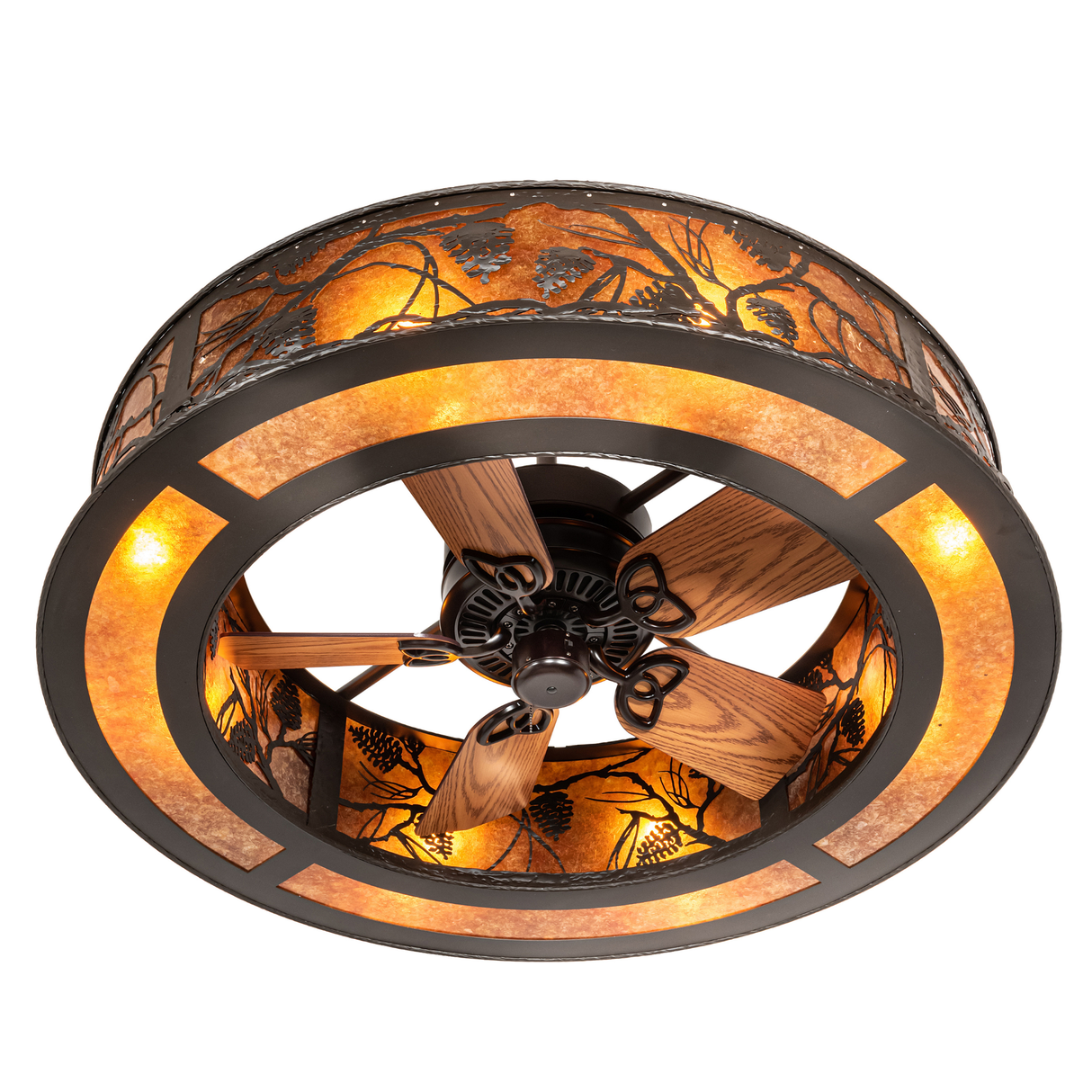 Bottom angled view highlighting fan blades and warm mica lighting.
