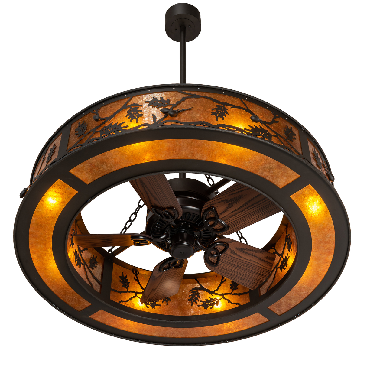 Bottom angle lit view showing integrated fan with glowing amber ring.