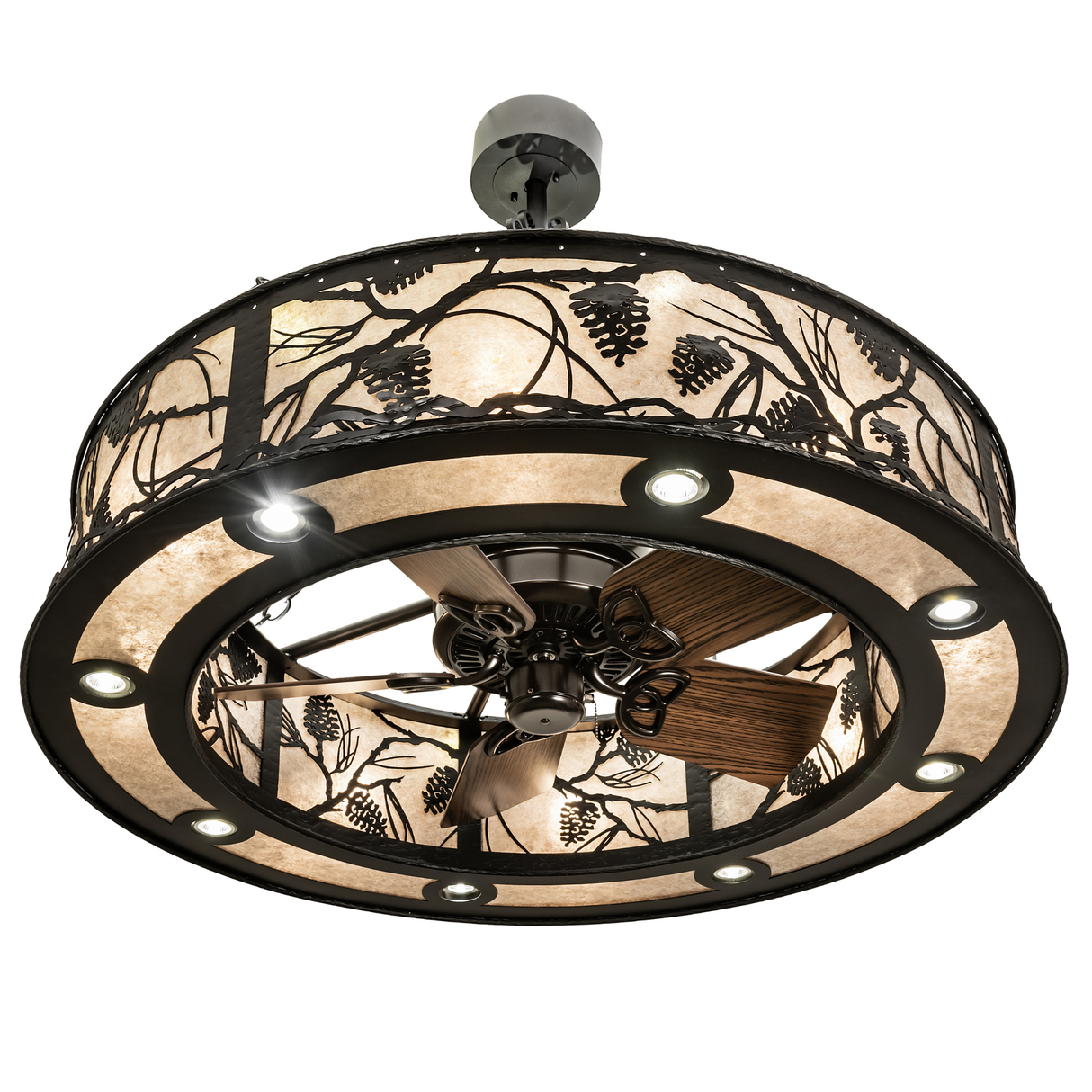 Bottom angled lit view revealing fan blades and lower light ring.