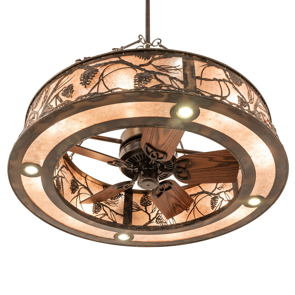 Bottom angle view of Whispering Pines Chandel-Air with wood fan blades.