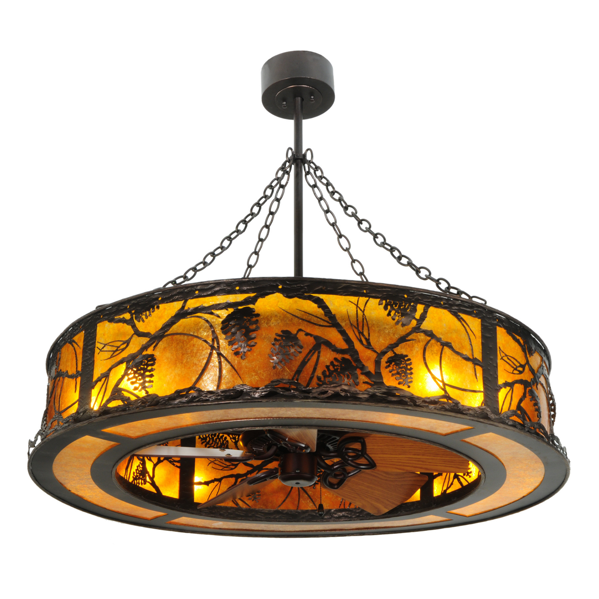 Whispering Pines Chandel-Air bottom angle with wood fan blades visible.