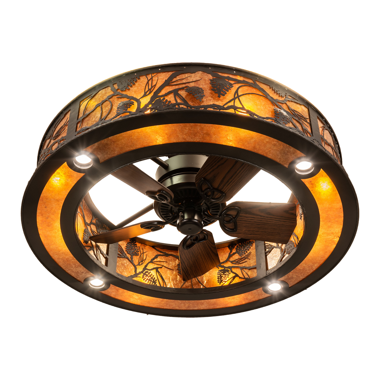 Bottom view of Whispering Pines Chandel-Air showing fan and glowing panels.