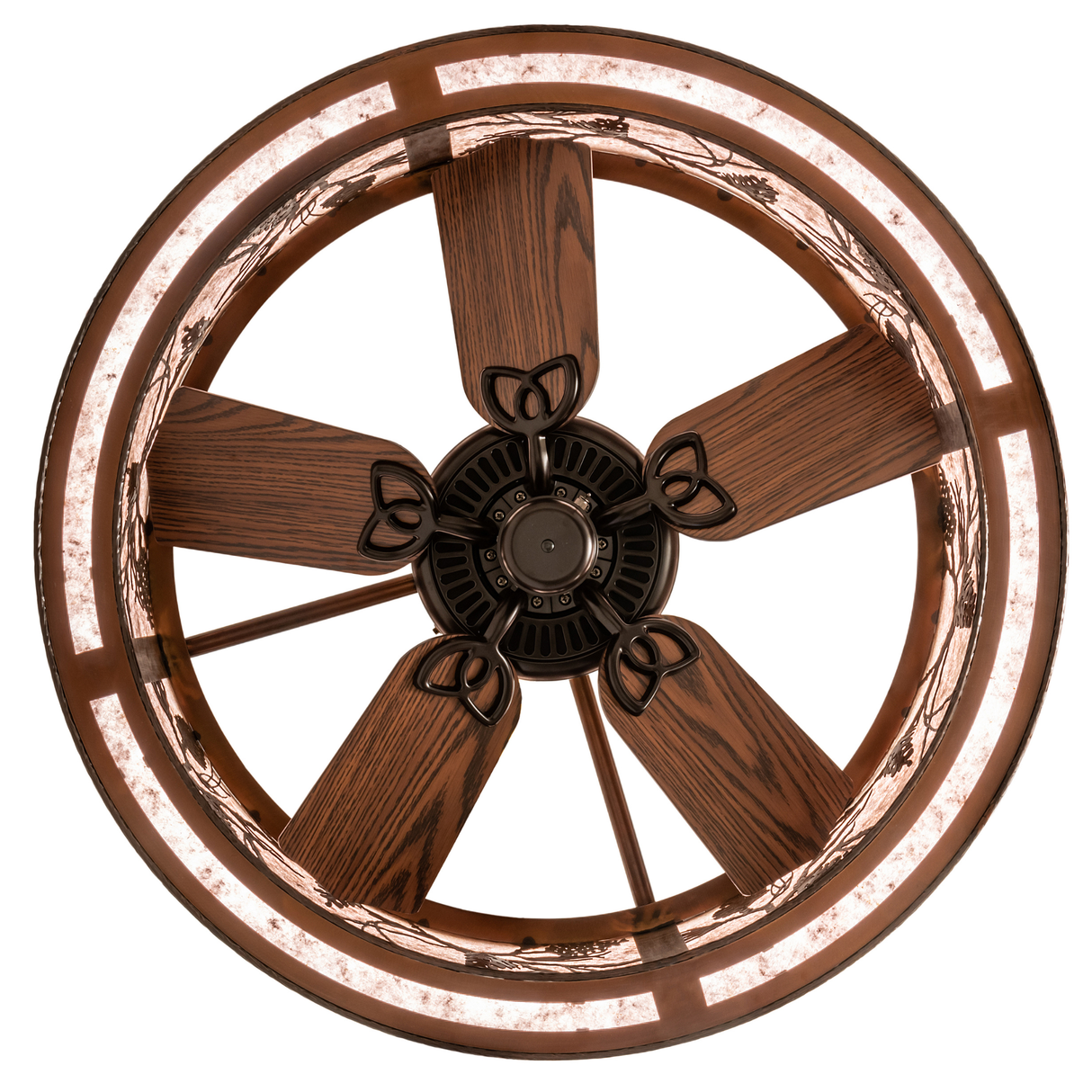 Bottom view of Whispering Pines Chandel-Air showing wood fan blades and lit diffuser.