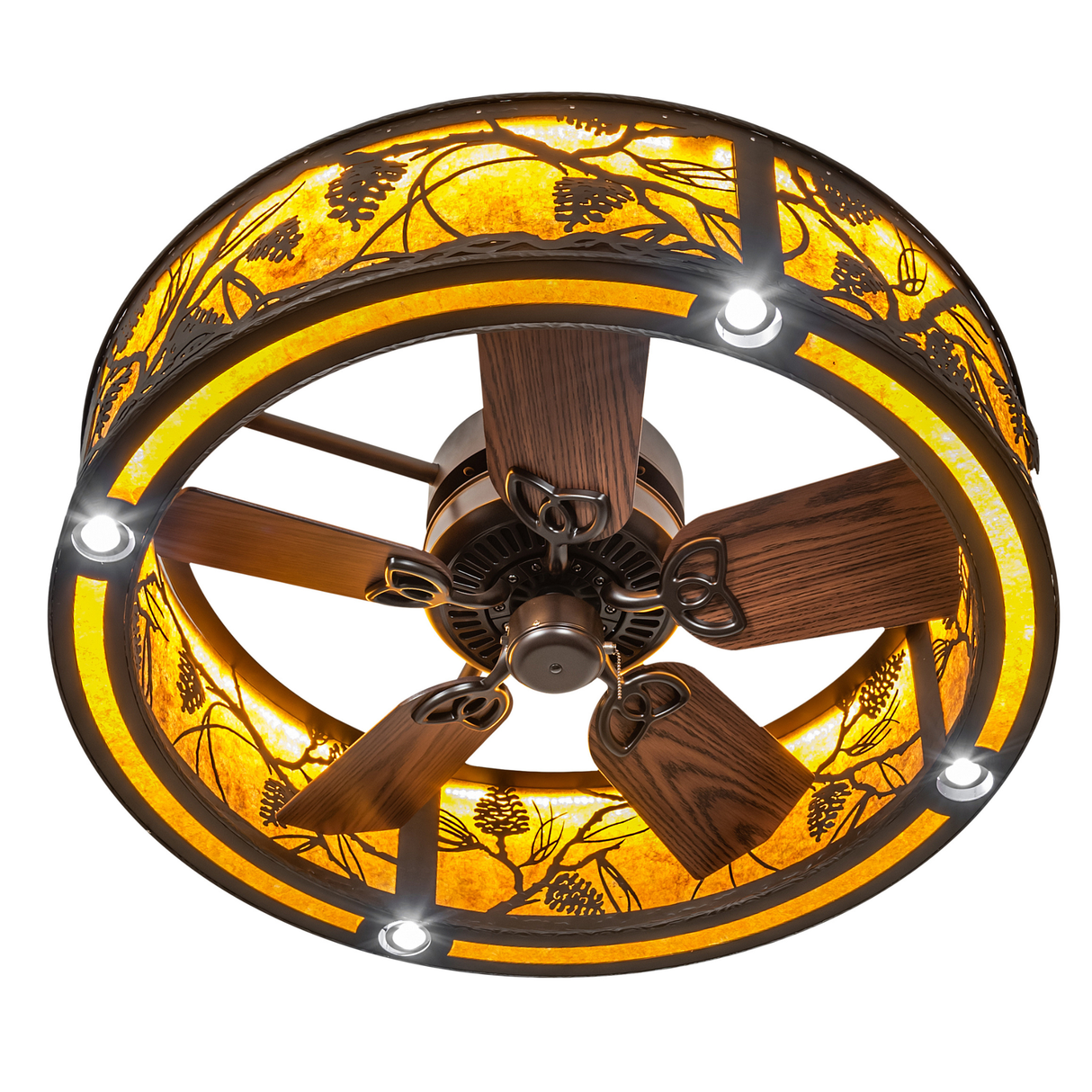 Bottom angle view showing wooden fan blades and integrated LED downlights.