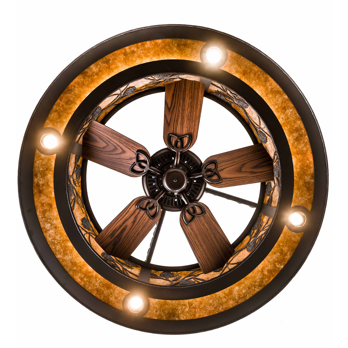 Bottom lit view highlighting fan assembly and evenly illuminated mica panels.