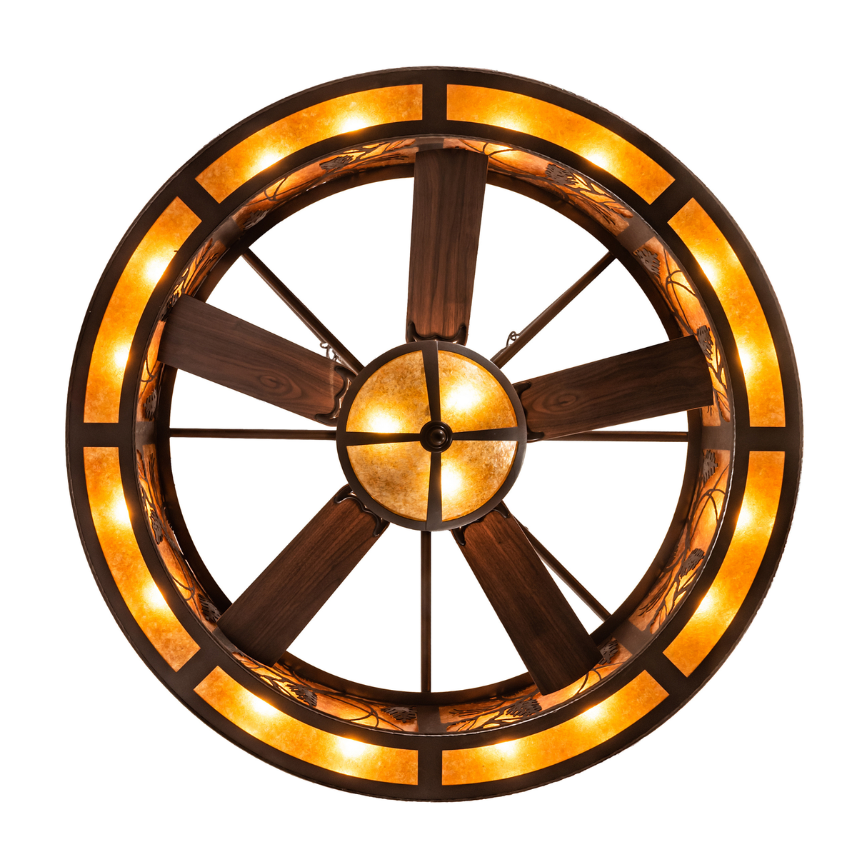 Bottom view of Whispering Pines Chandel-Air with fan blades and lights.
