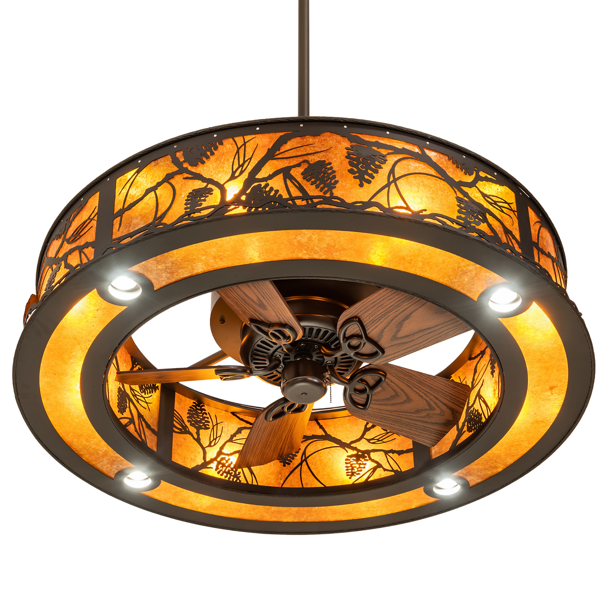 Bottom view of Whispering Pines Chandel-Air displaying lit fan and warm lighting.