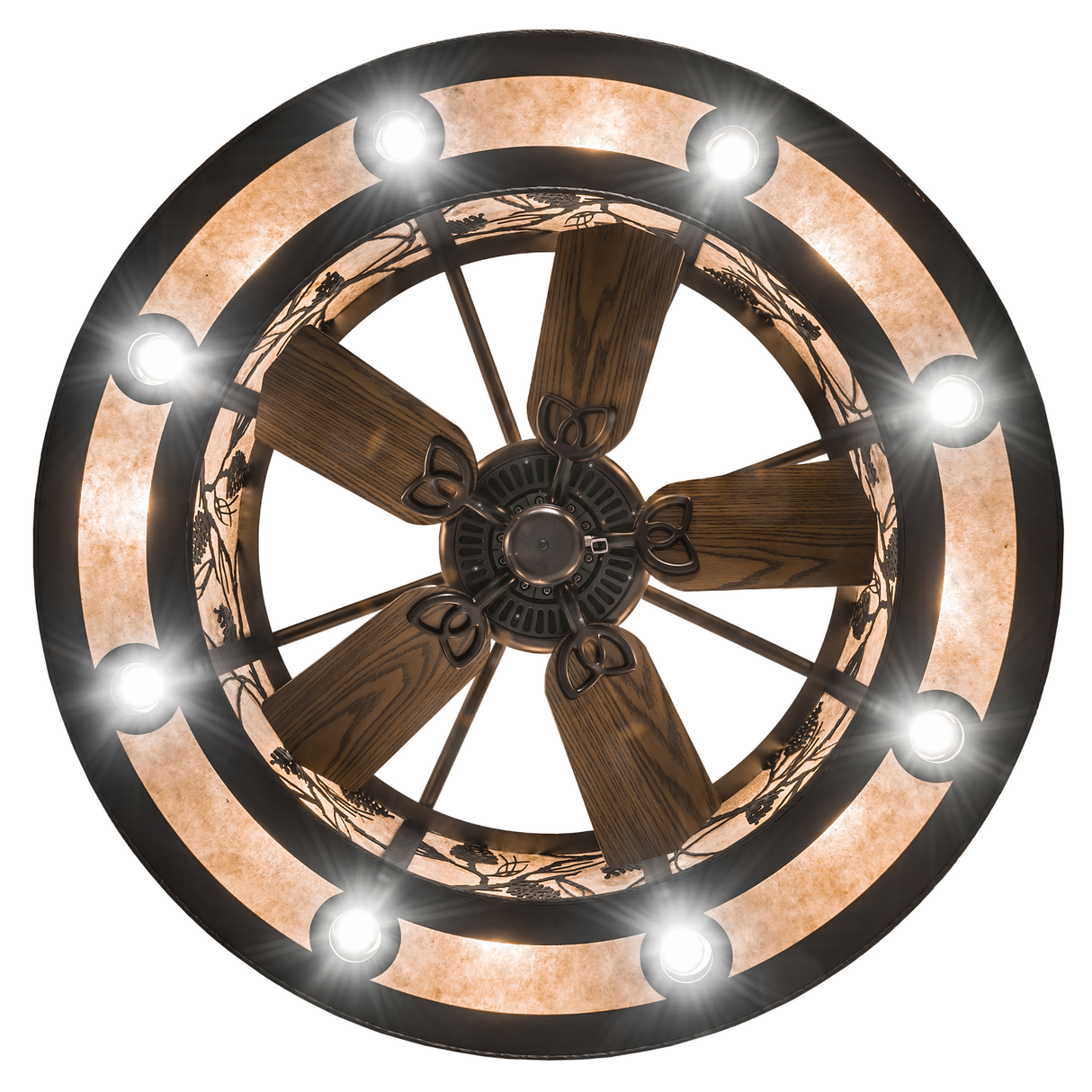 Direct bottom lit view showcasing wooden fan blades and radiant mica ring lighting.