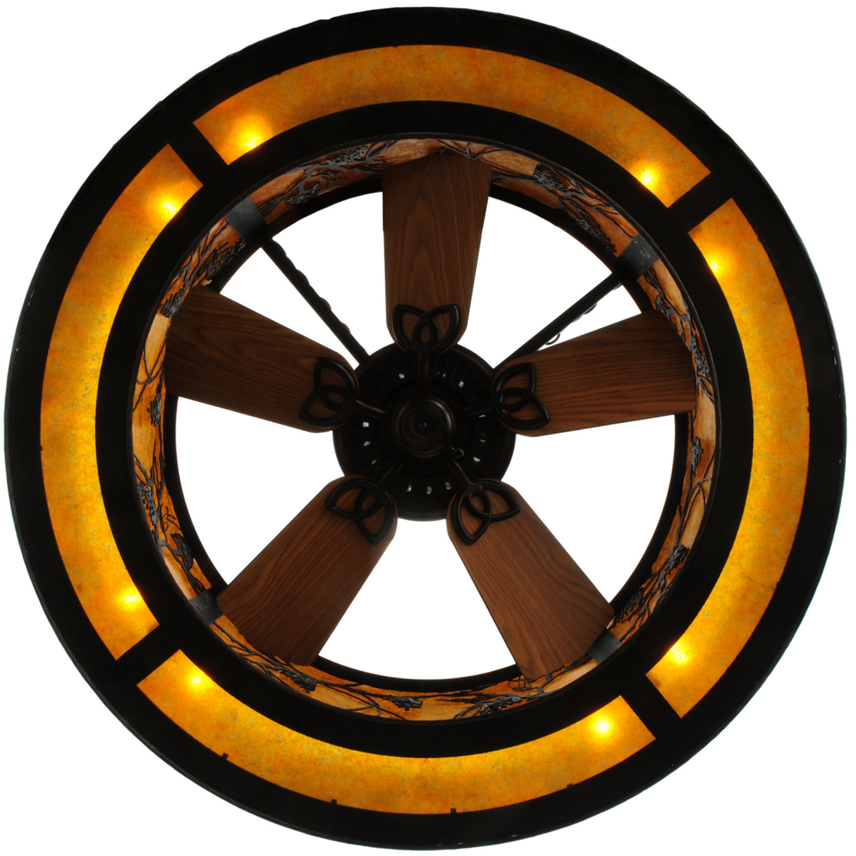 Bottom circular view displaying glowing mica shade and wooden fan blades.