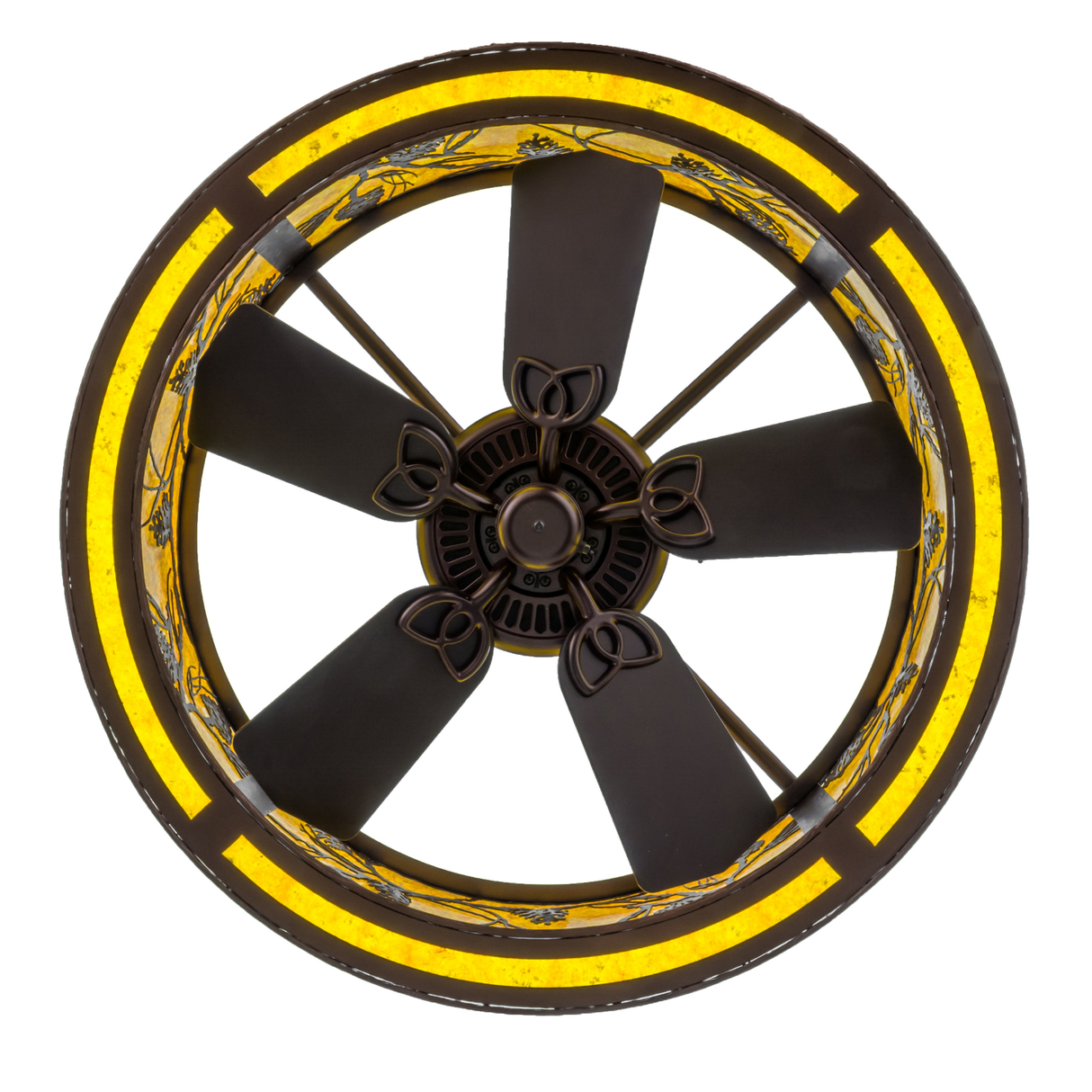 Bottom view of Chandel-Air fan with glowing amber mica panels.