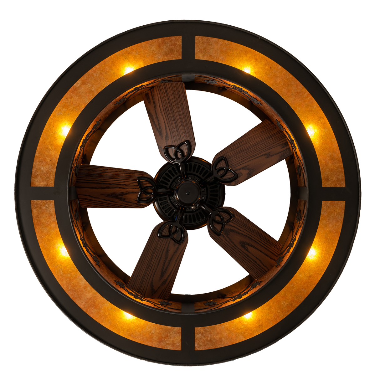 Direct bottom view showing fan blades framed by illuminated amber mica.