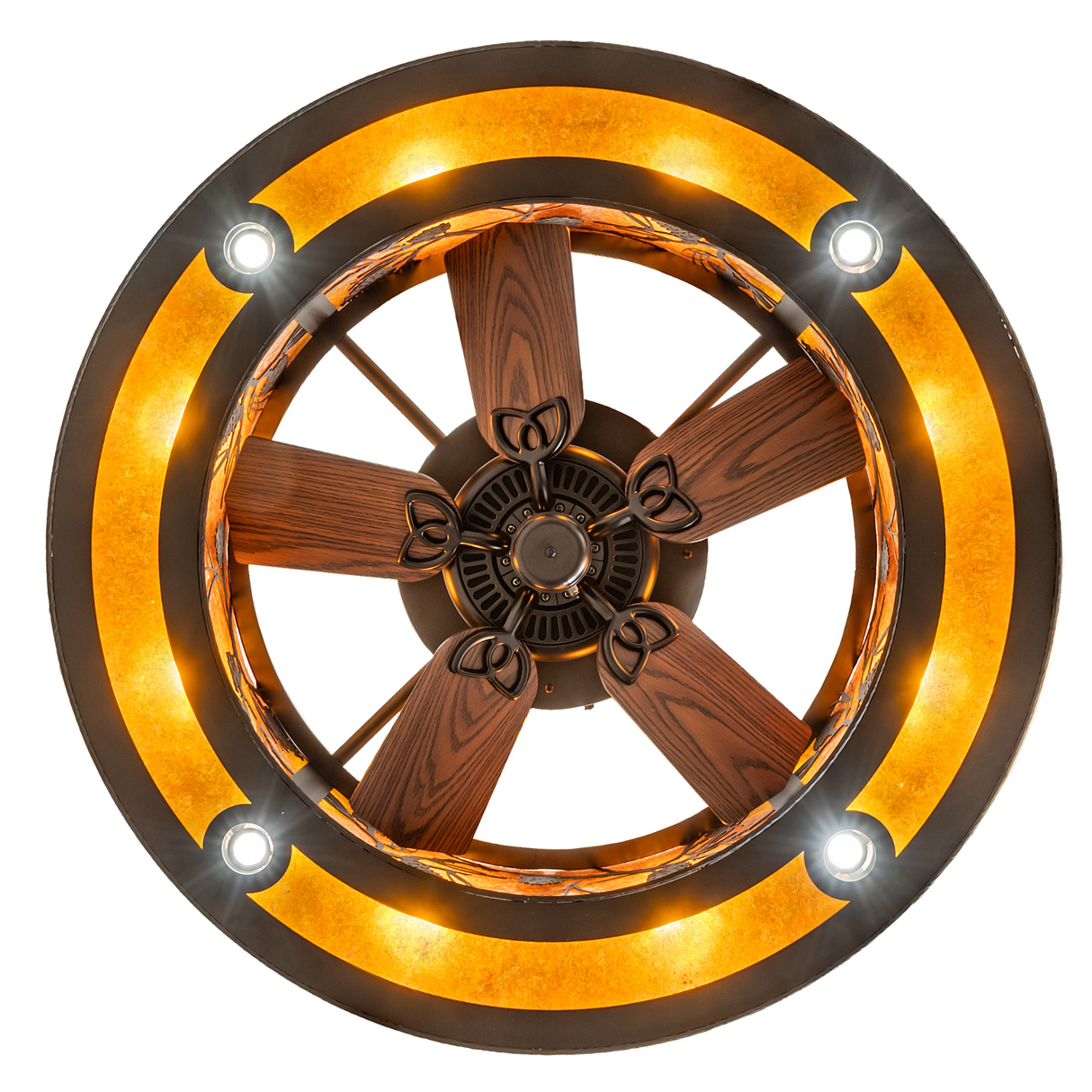 Straight bottom view showing fan blades within glowing circular frame.