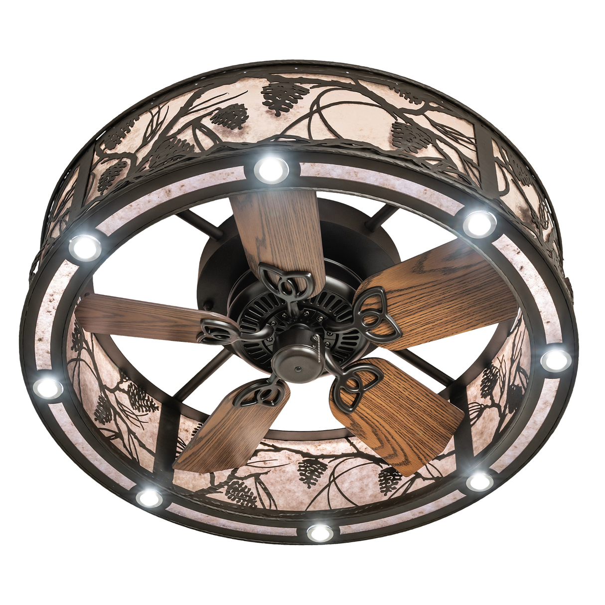 Bottom view highlighting fan blades and LED light pattern.