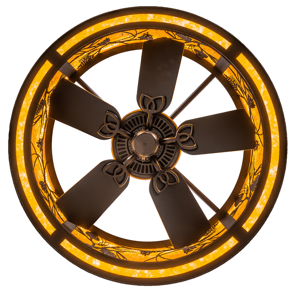 Bottom view of Whispering Pines Chandel-Air showing fan with blades in detail view.