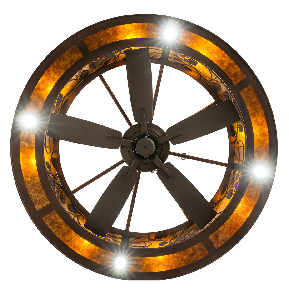 Bottom perspective of Whispering Pines chandelier fan with lights on.