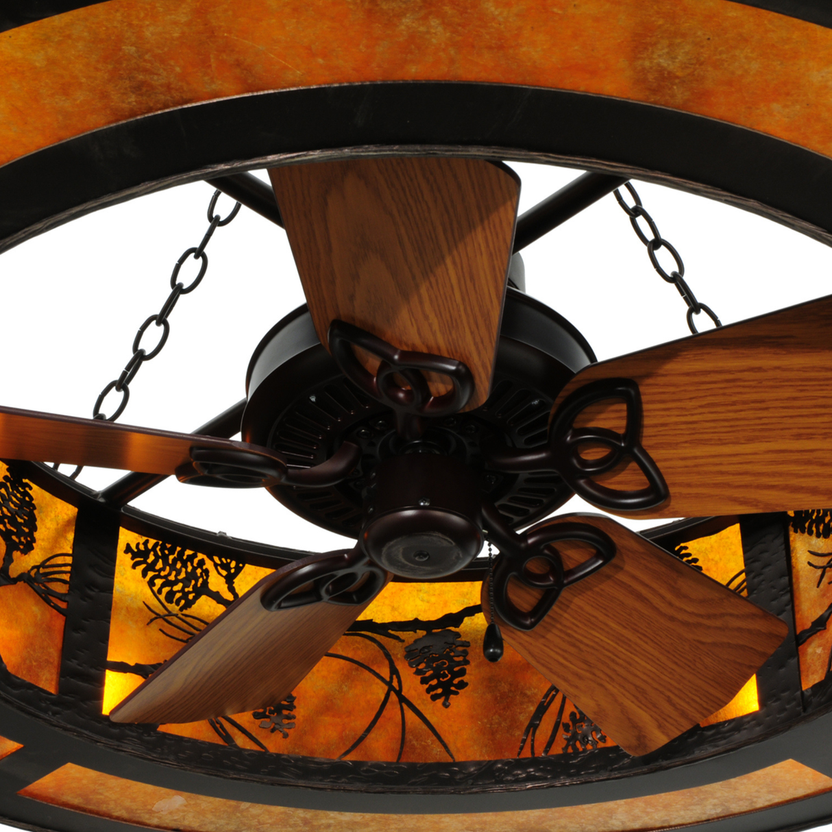 Bottom view showing fan blades and circular light arrangement.