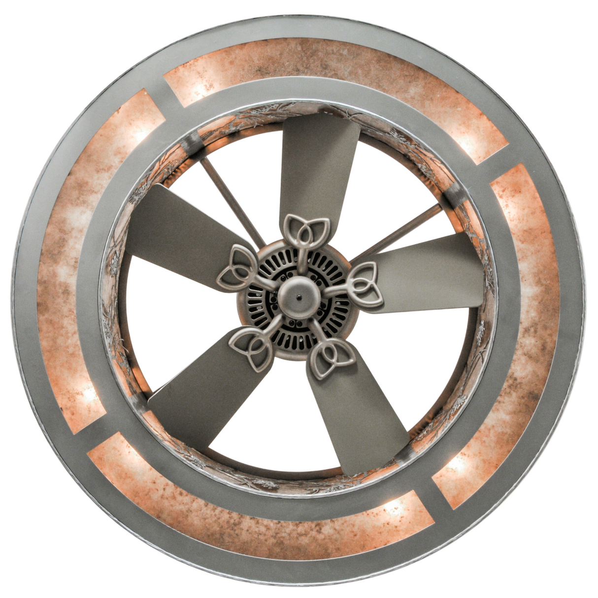 Bottom view of fan and lighting showing layered illumination design.