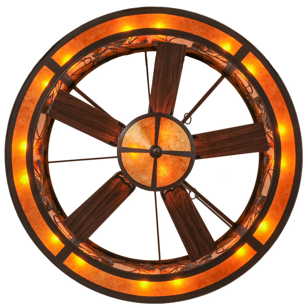 Bottom lit view showing illuminated fan blades and amber mica diffuser.