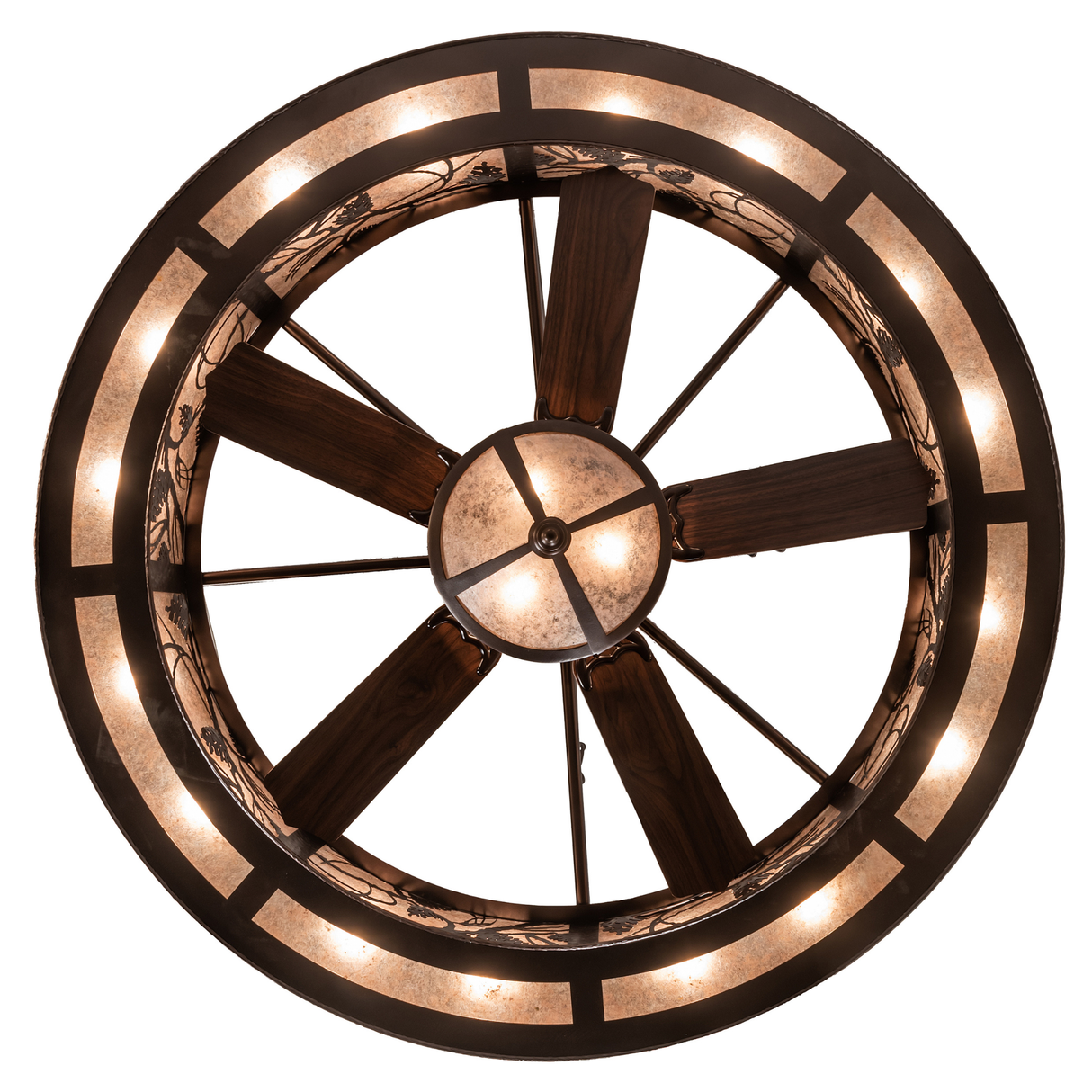 Bottom lit view revealing fan integration and circular light design.