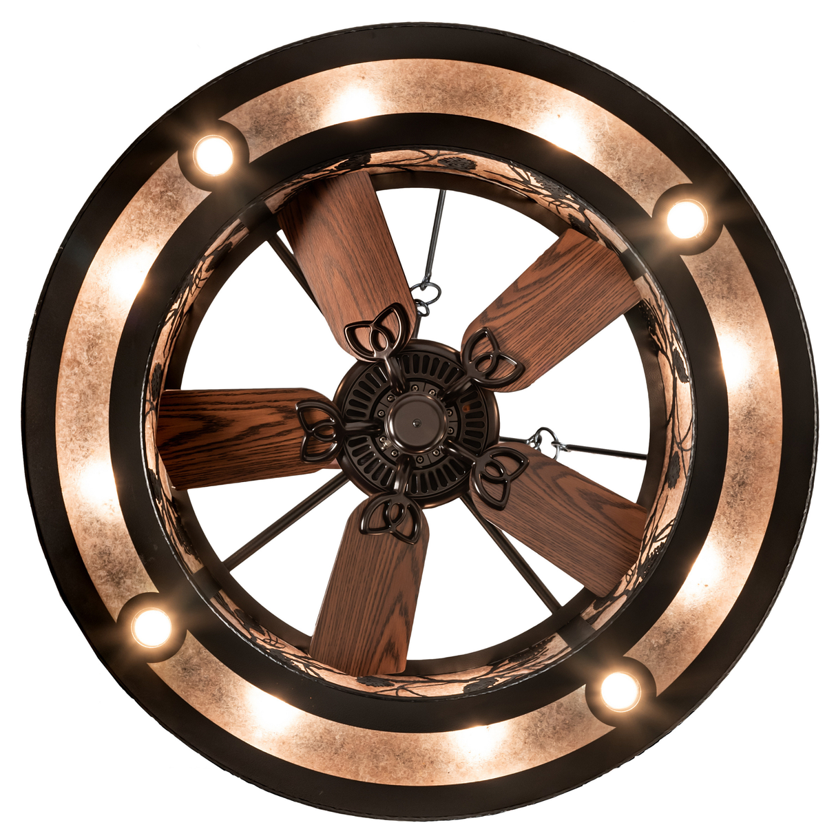 Bottom lit view showing integrated fan and circular lighting design.