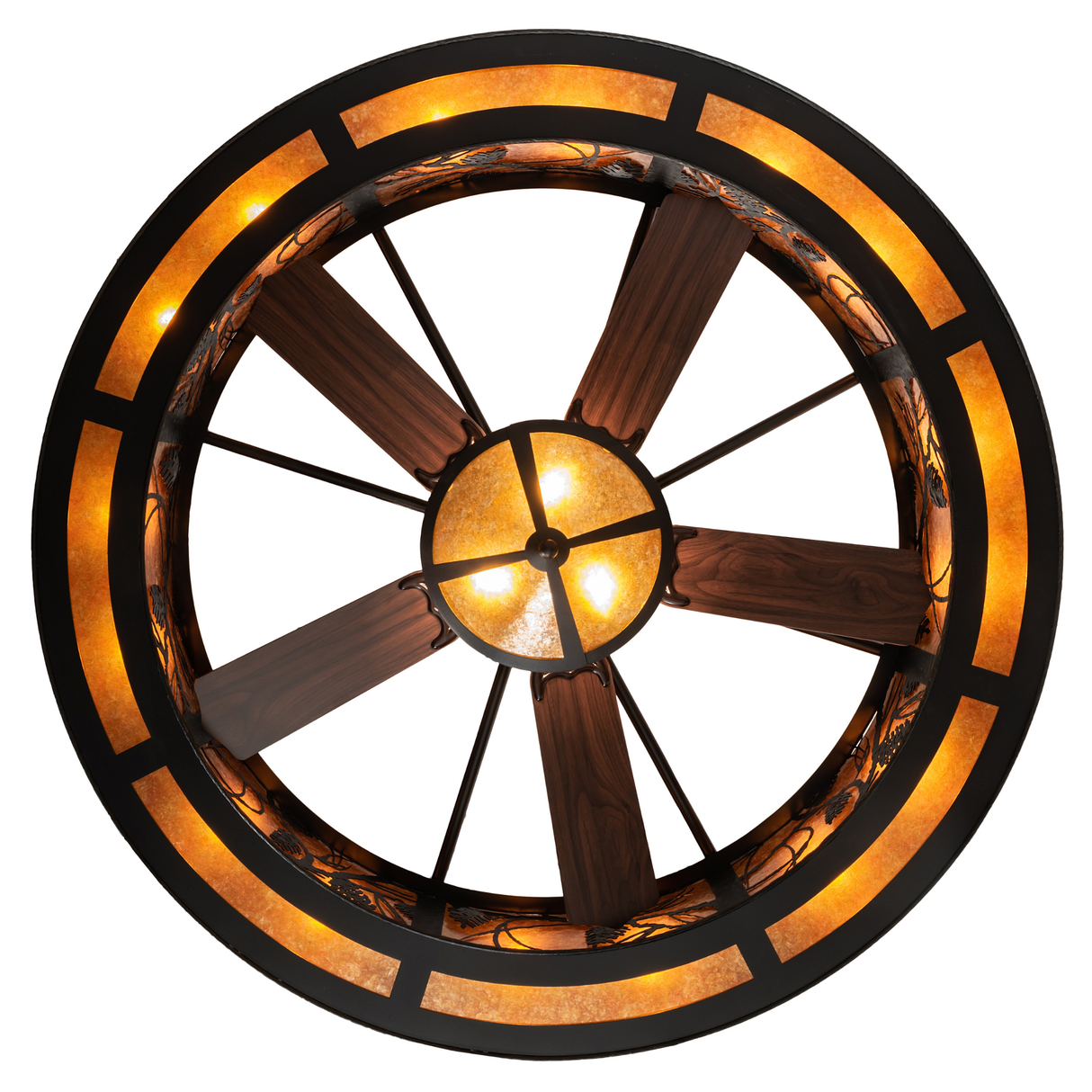Bottom view showing fan blades, warm lights, and geometric pattern.