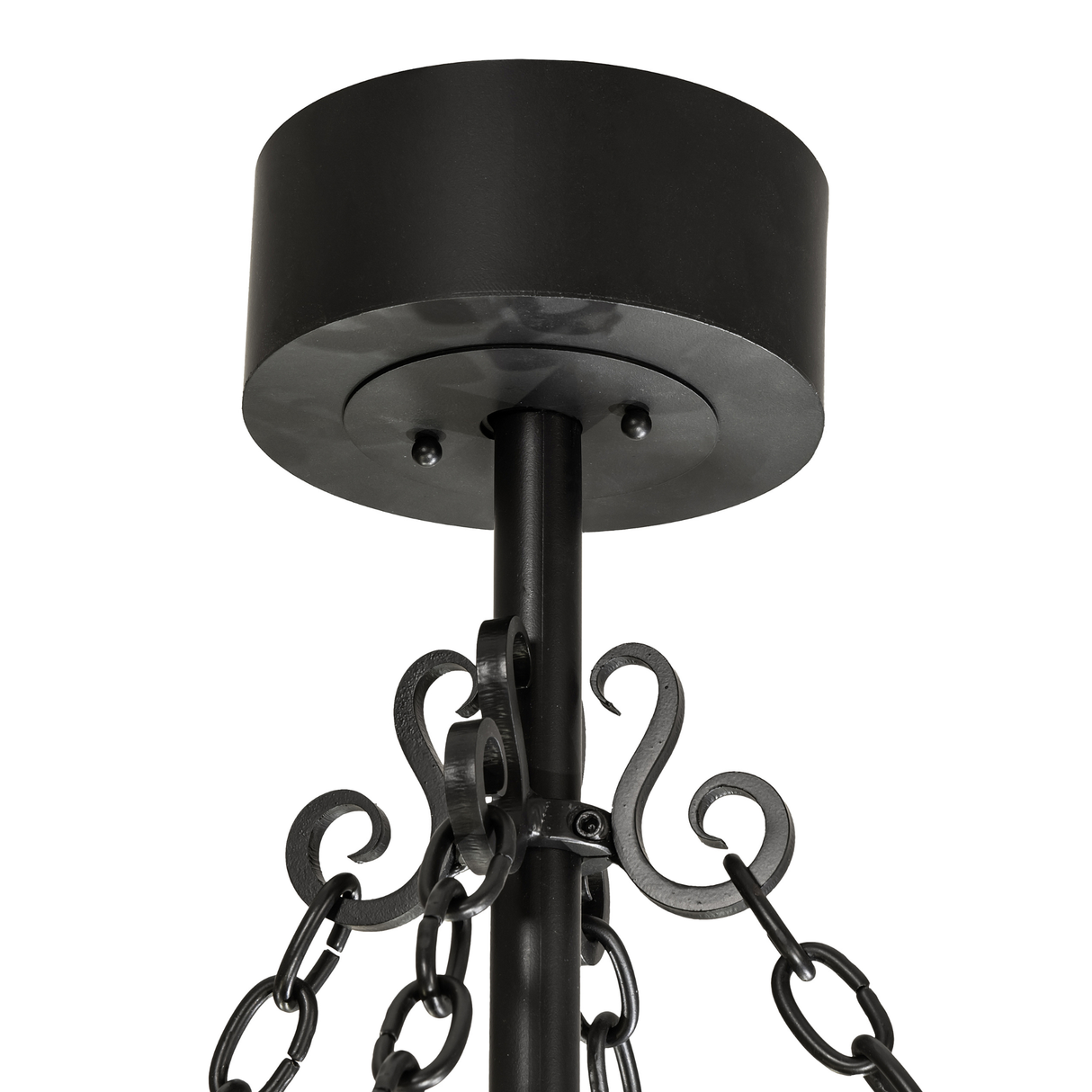Close-up of canopy, rod, and wrought iron chain connection in Satin Black finish.