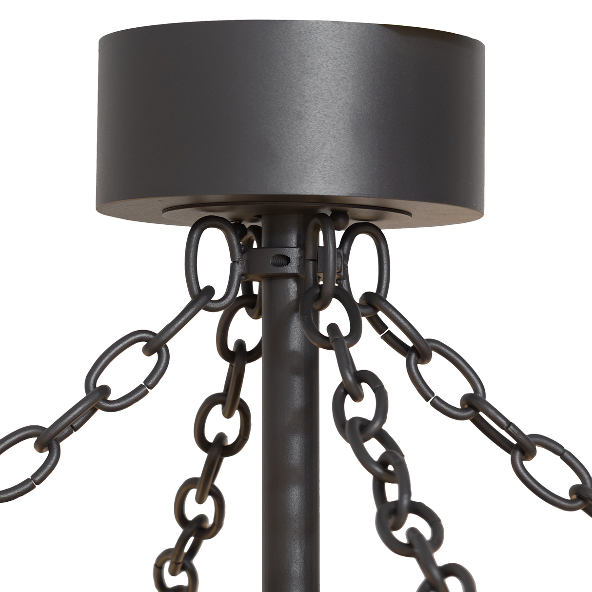 Ceiling canopy and chain detail of Whispering Pines chandelier fan in wrought iron finish.