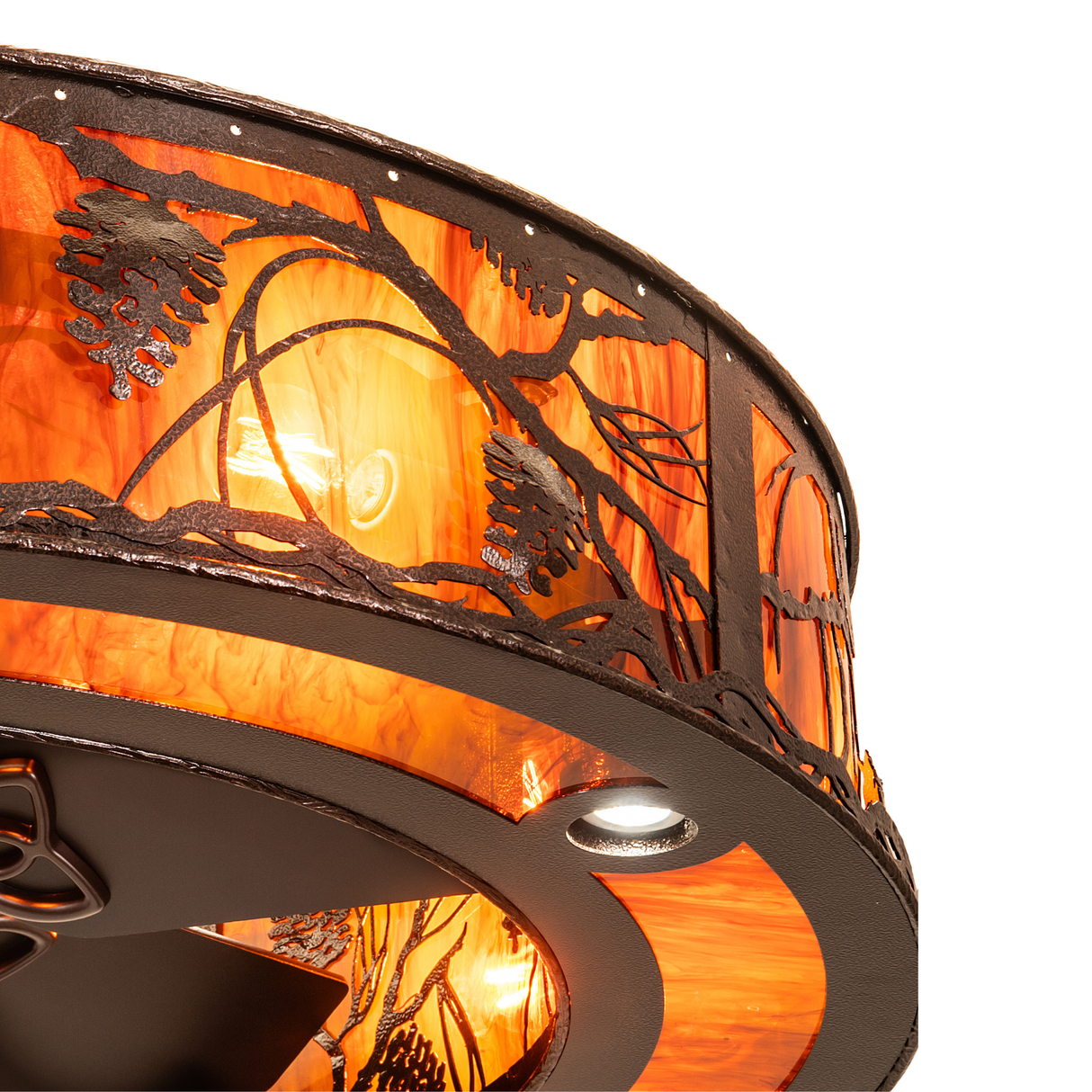Close-up showing handcrafted pinecone and branch details on Whispering Pines fixture.
