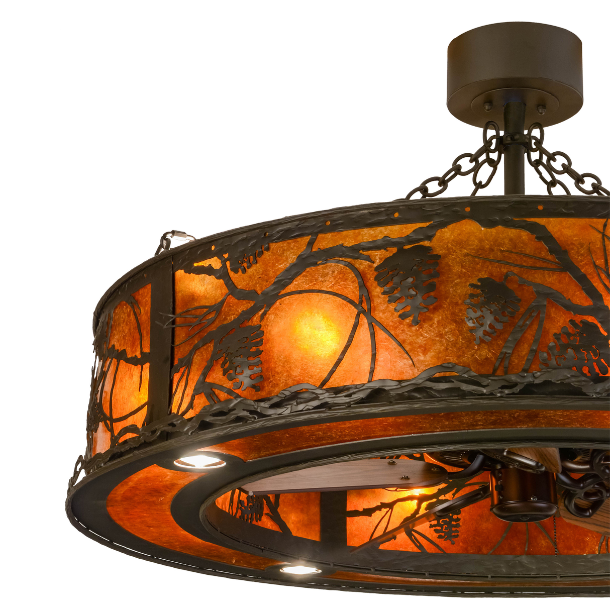 Closeup lit angle highlighting handcrafted pinecone cutouts.