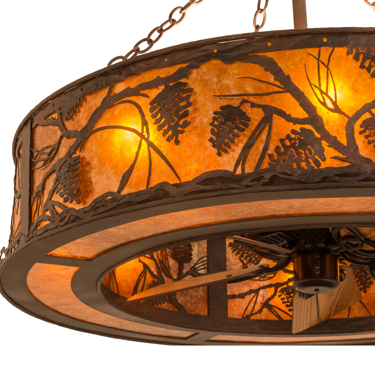 Closeup showing pinecone detailing and layered amber mica texture.