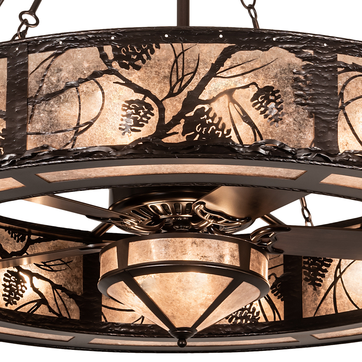 Close-up highlighting bronze fan hub and illuminated mica diffuser.
