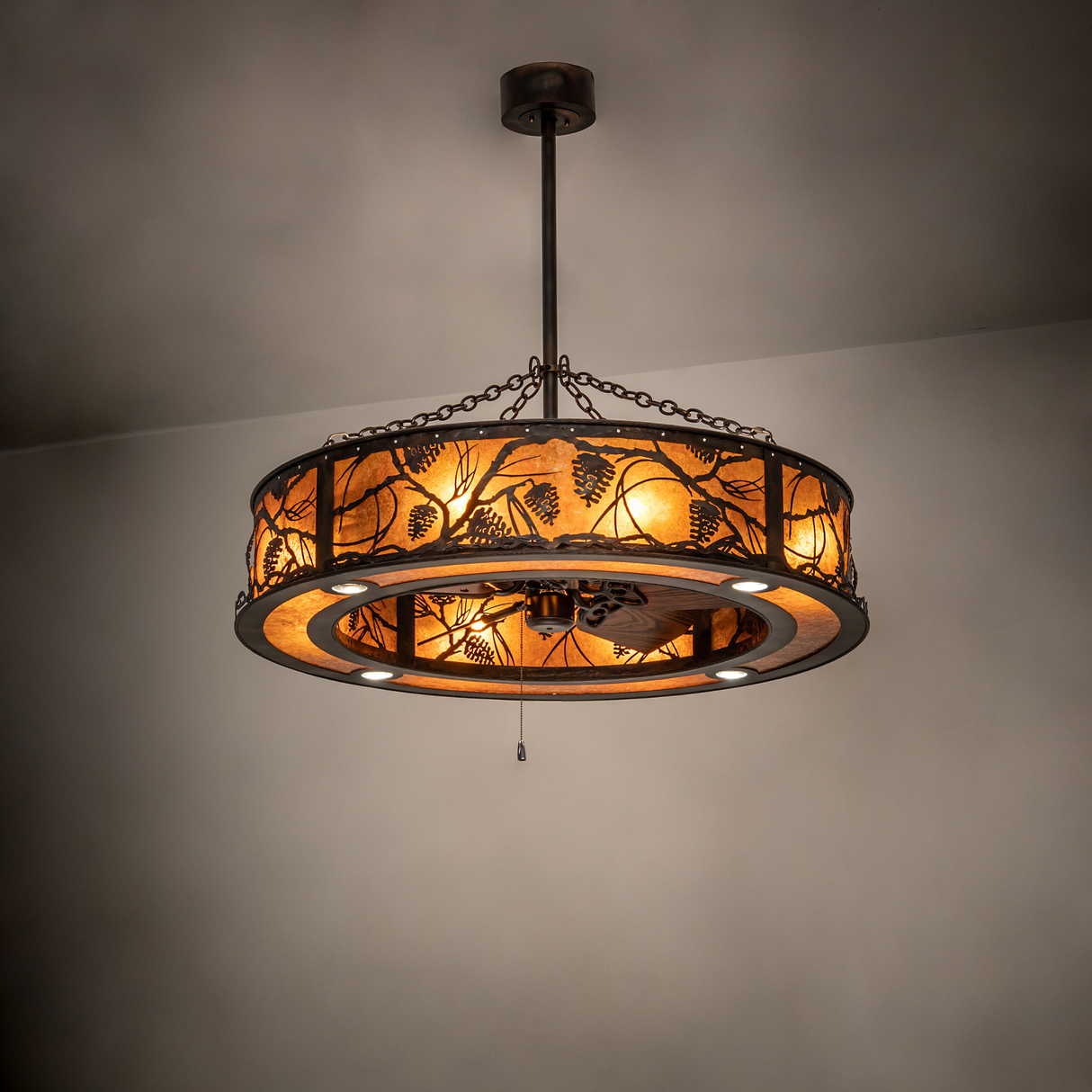 Whispering Pines Chandel-Air dark room view with full amber illumination and warm glow.