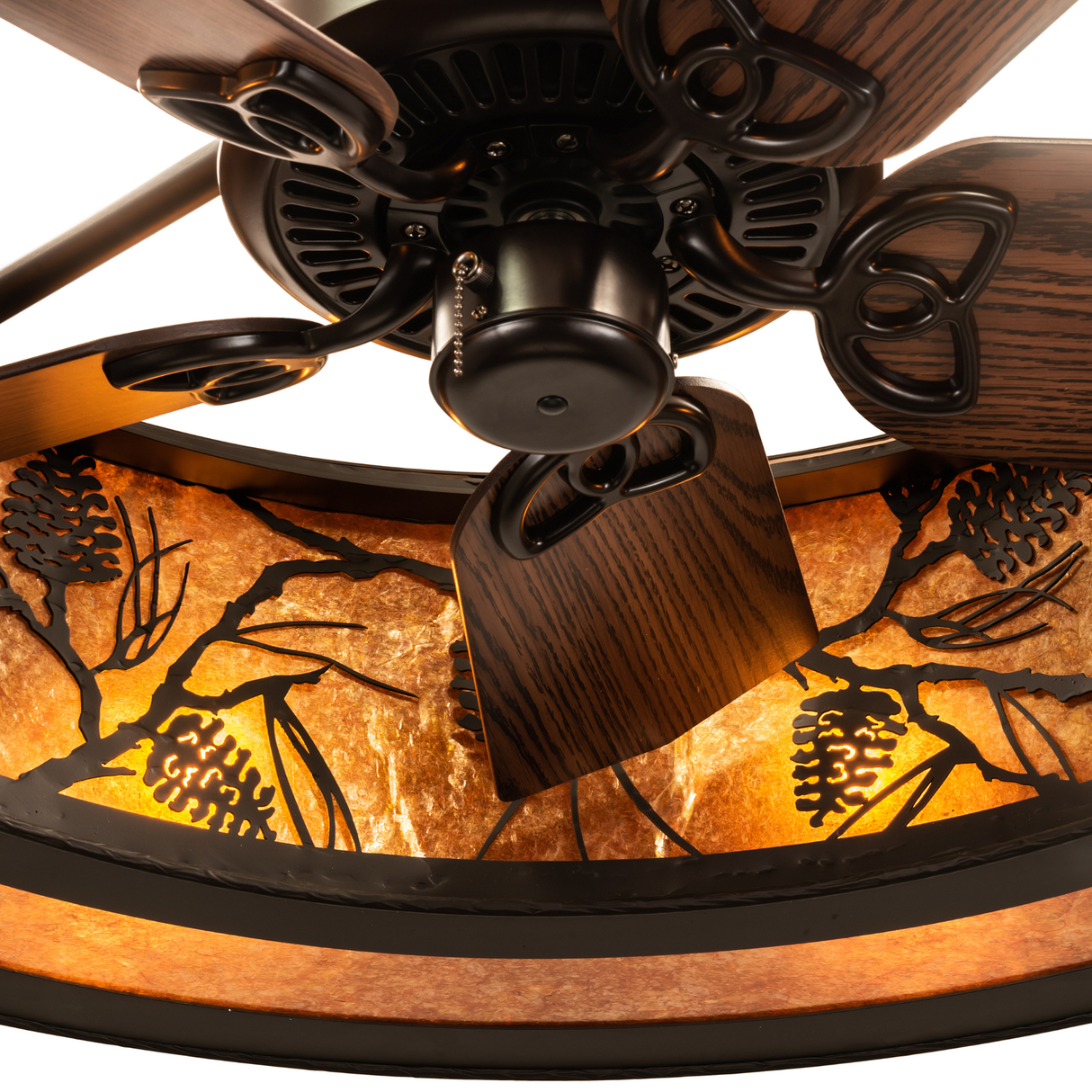 Whispering Pines Chandel-Air showing wood fan blades and glowing diffuser.