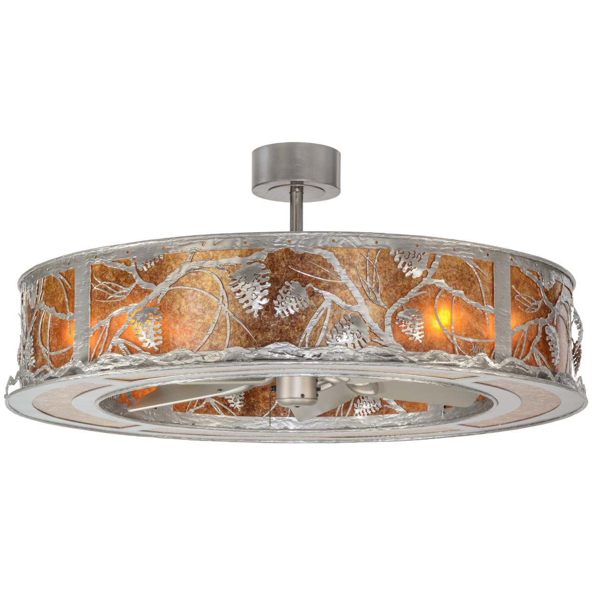 Front angle lit view showing Amber Mica diffuser with pinecone design.